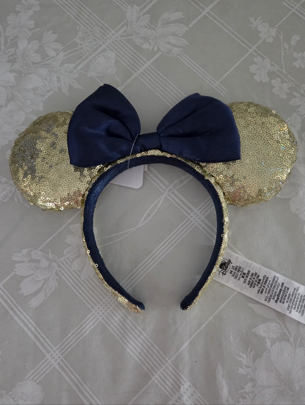 Disney Minnie Ears 50th Anniversary Gold Sequin with Blue Bow Headband NWT
